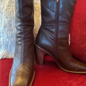 Franco Sarto Dark Brown Leather Mid-Calf Block Heel Boots
